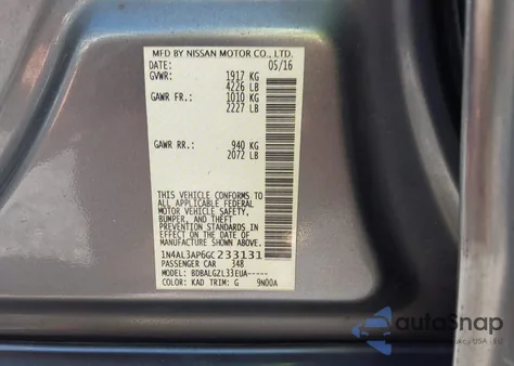 2016 Nissan Altima 2.5/2.5 S/2.5 Sl/2.5 Sr/2.5 Sv from USA, damaged, VIN 1N4AL3AP6GC233131